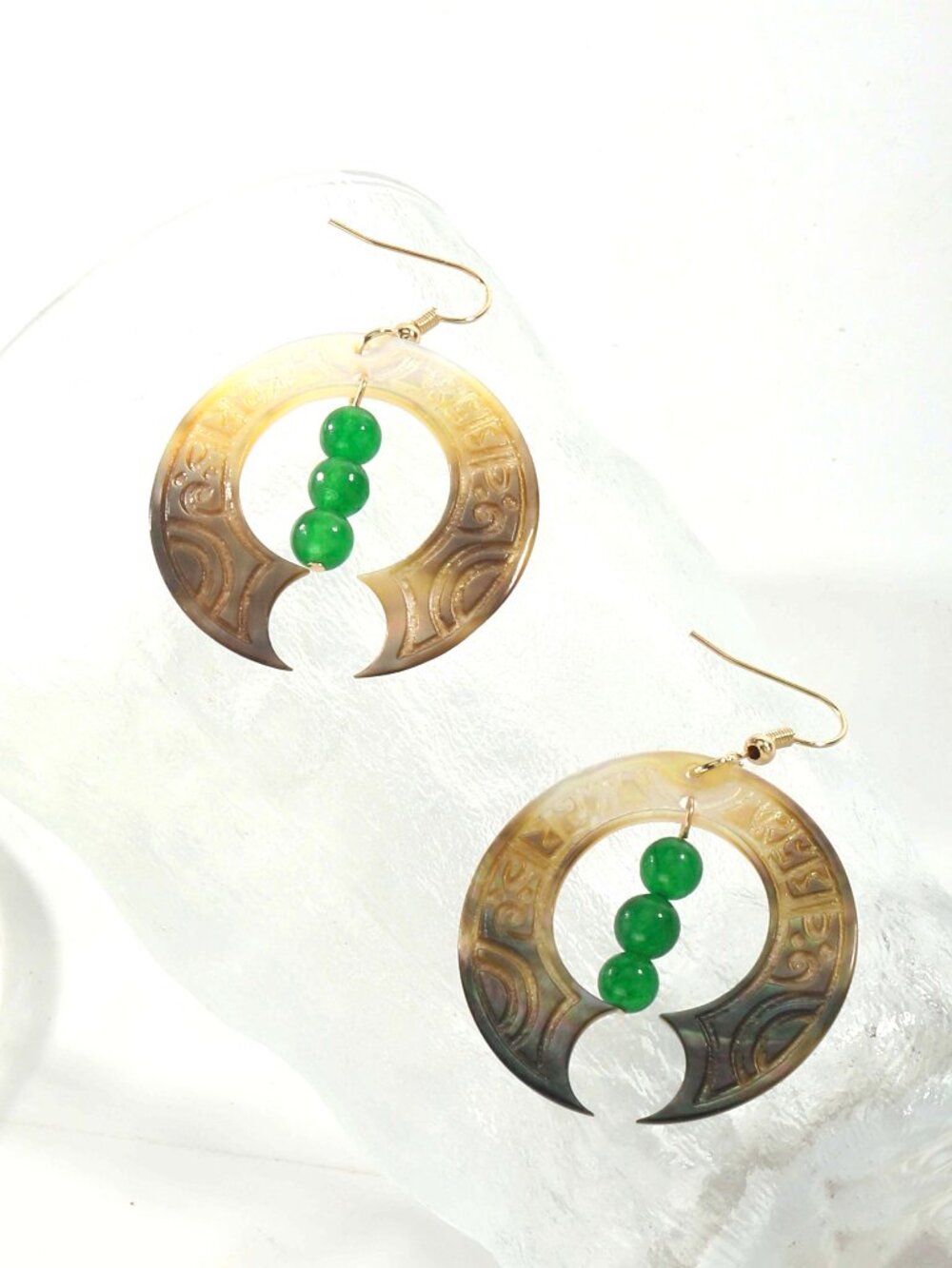 Carved Tribal Abalone Shell Earrings, Green Mountain Jade Earrings